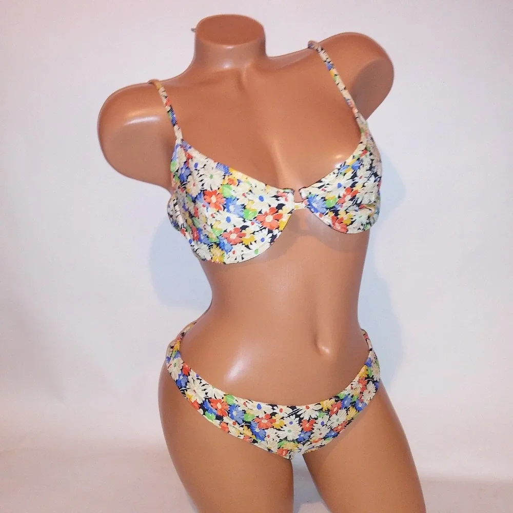Something Navy Swim Bikini Large Top Medium Bottom Colorful Floral Underwire